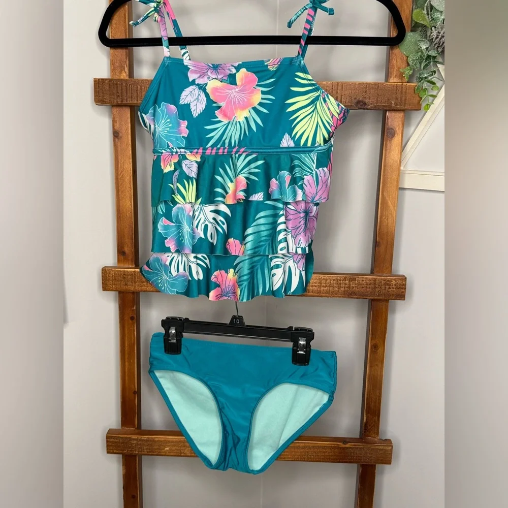 Justice Teal and Pink Tropical Bikini with Ruffled Design
